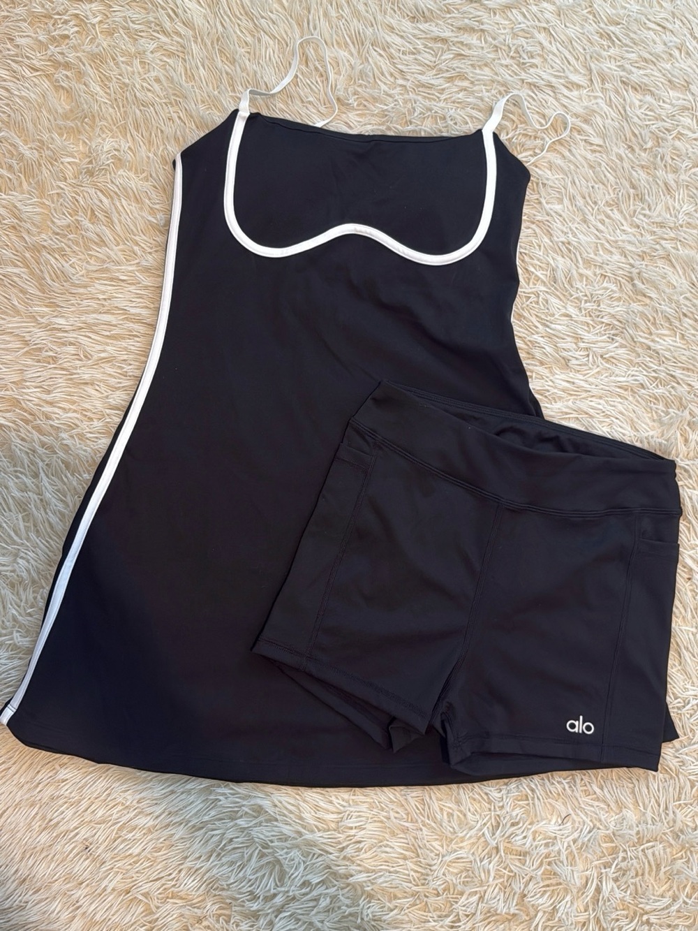 ALO Yoga Black Tank Dress with White Trim and Black Active Shorts